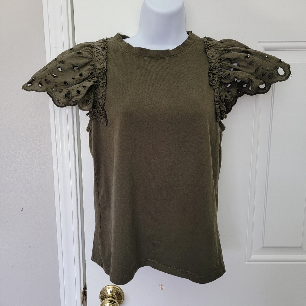 Express Olive Green Dramatic Eyelet Lace Flutter Sleeve Blouse Size Small